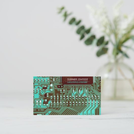 ティール(緑がかった色)PCB、プリント回路 – テクノロジエンジニアリング 名刺 (スタンド正面)