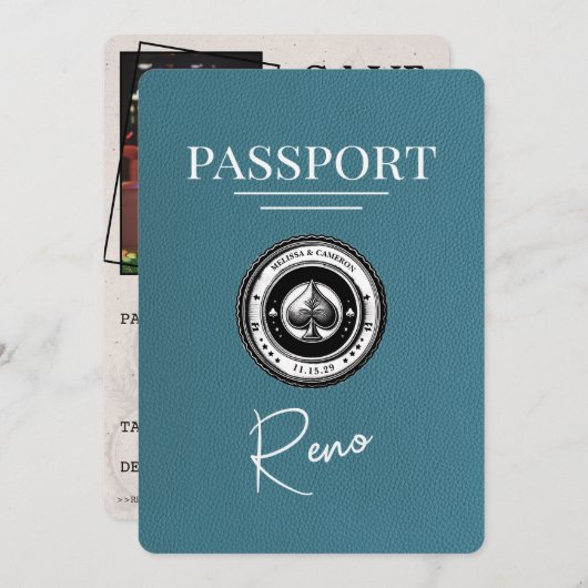 ティール（緑がかった色）Reno Passport日付の保存 セーブザデート (正面/裏面)