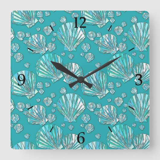 ティール(緑がかった色)、seafoamの海の貝、ターコイズの背景 スクエア壁時計 (正面)