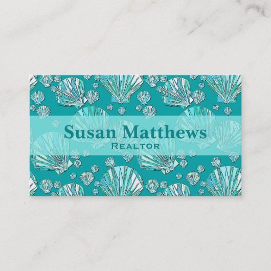 ティール(緑がかった色)、seafoamの海の貝、ターコイズの背景 名刺 (正面)