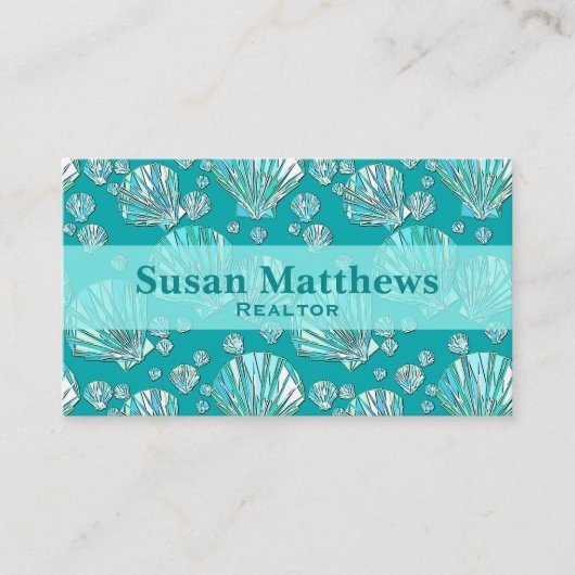 ティール（緑がかった色）、seafoamの海の貝、ターコイズの背景 名刺 (正面)