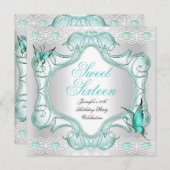 ティール(緑がかった色)Sweet sixteen16パーティーホワイトバタフライ 招待状 (正面/裏面)