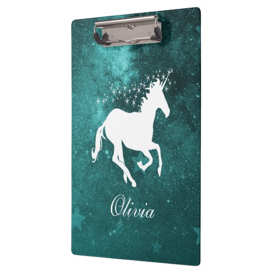 ティール(緑がかった色)Unicornクリパーソナライズされたップボード クリップボード (左)