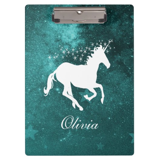 ティール(緑がかった色)Unicornクリパーソナライズされたップボード クリップボード (正面)