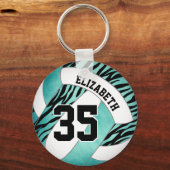 ティール(緑がかった色)w zebra stripesアクセント女の子バレーボール キーホルダー (裏面)
