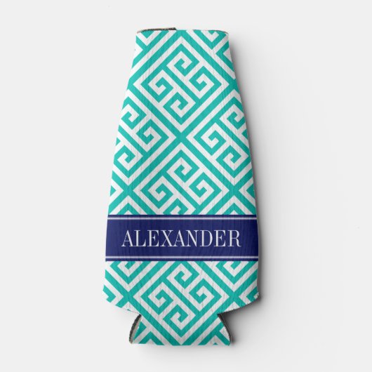 ティール（緑がかった色）Whtギリシャ語鍵Diag Tネイビーネームモノグラム ボトルクーラー (正面)