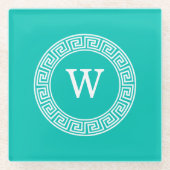 ティール（緑がかった色）Whtギリシャ語鍵Rndフレームイニシャルモノグラム ガラスコースター (正面)