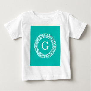 ティール（緑がかった色）Whtギリシャ語鍵Rndフレームイニシャルモノグラム ベビーTシャツ