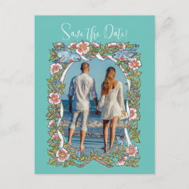 ティール（緑がかった色）Wildflower Bird 縁ど日付写真の保存 ポストカード