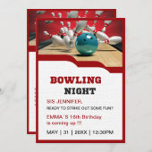 ティーンの姉妹がボウリングでストライクを出す楽しい誕生日ナイト 招待状 (正面/裏面)
