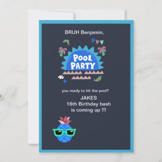 ティーンの誕生日プールパーティー「bruh, let's hit the pool！」 招待状 (正面)