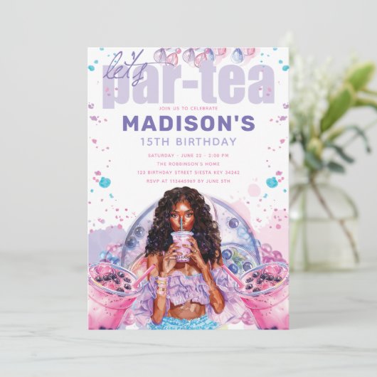 ティーンエイジのアフリカ系アメリカンボバブルティー誕生日 招待状 (スタンド正面)