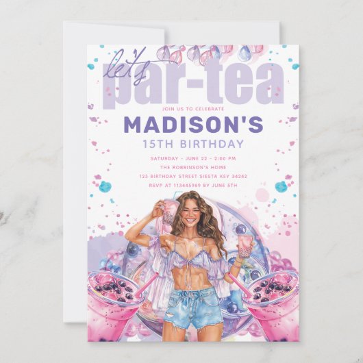ティーンエイジカラフルボバブルティー誕生日 招待状 (正面)