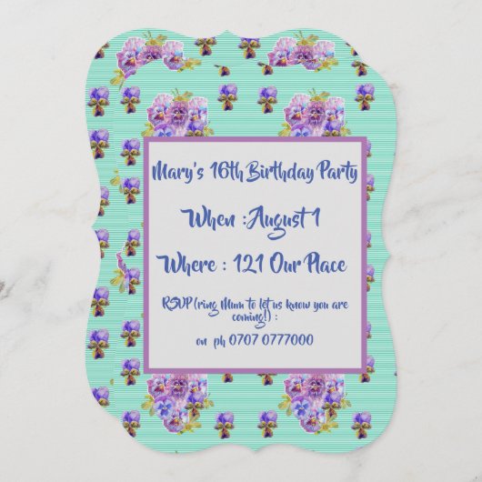 ティーンエイジガールズパープルフローラ誕生日招待状 招待状 (正面/裏面)