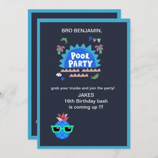 ティーンエイジbroグラブトランクスのプールパーティー誕生日スプラッシュ 招待状 (正面/裏面)