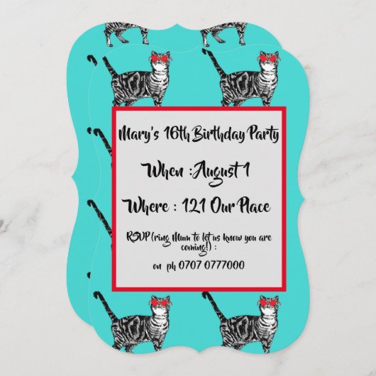 ティーンエージュガールズアクアキャット誕生日招待状 招待状 (正面/裏面)