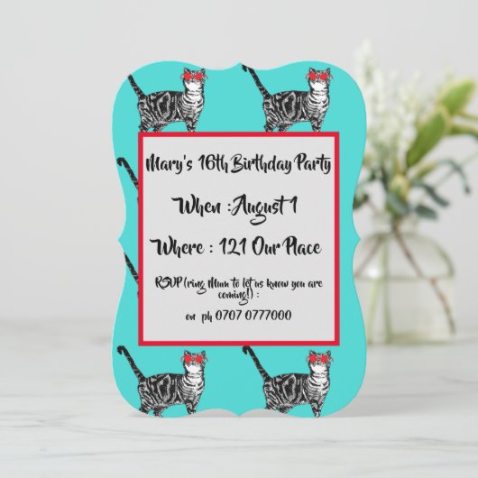 ティーンエージュガールズアクアキャット誕生日招待状 招待状 (スタンド正面)