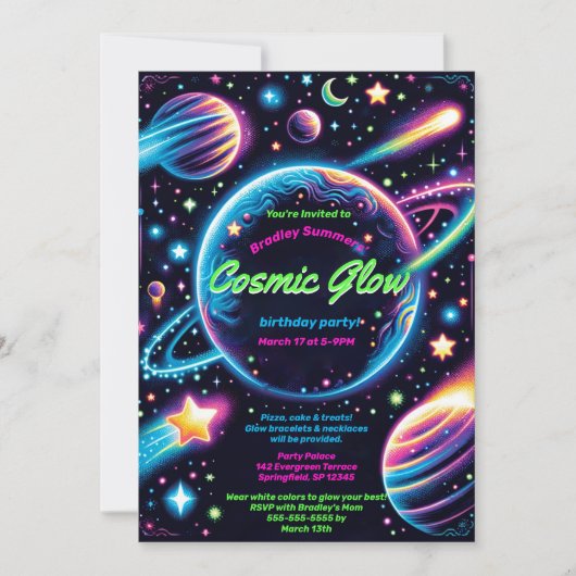 ティーンズコズミックグロー宇宙をテーマにした誕生日パーティー 招待状 (正面)