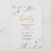 ティーンホワイト&金ゴールドエレガントホワイトフローラ誕生日 招待状 (正面/裏面)