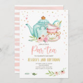 ティー誕生日招待状ガールパーティーパーティーフローラ 招待状 (正面/裏面)