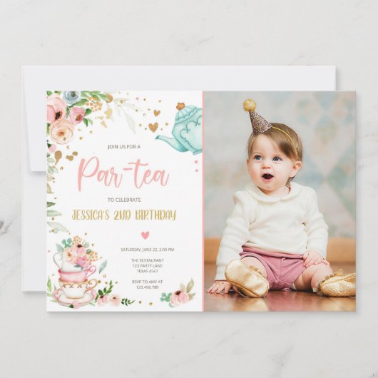 ティー誕生日招待状ガールパーティーパーティーフローラ 招待状 (正面)