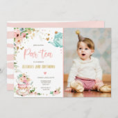 ティー誕生日招待状ガールパーティーパーティーフローラ 招待状 (正面/裏面)