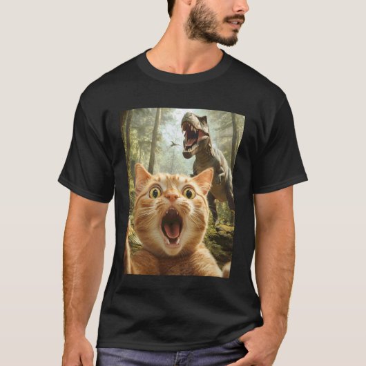 ティー・レックス恐竜と写る猫のセルフィー、猫好きの女性向け Tシャツ (正面)