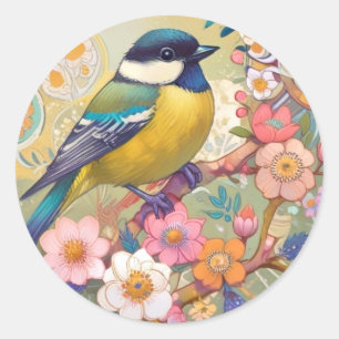 ティ素晴らしト《鳥》アメリカゴガラ鳥カラフルフローラ花 ラウンドシール