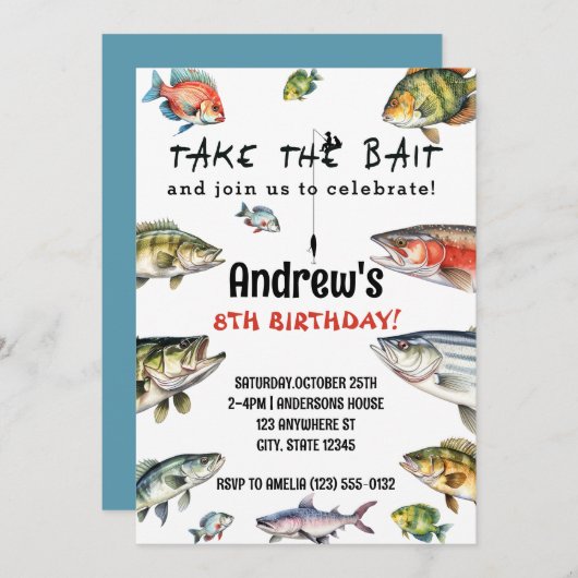 テイクザベイトウォーター色魚釣り誕生日 招待状 (正面/裏面)