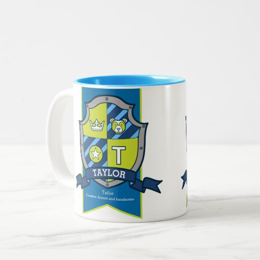 テイラー文字Tクレスト青い緑のクマ名の意味 ツートーンマグカップ (正面左)