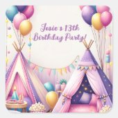 テエカラフルペ魅力的誕生日スリーポバーパーティー スクエアシール (正面)