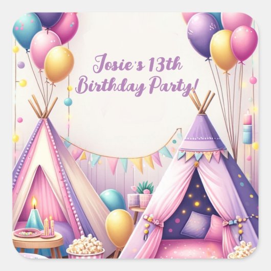 テエカラフルペ魅力的誕生日スリーポバーパーティー スクエアシール (正面)