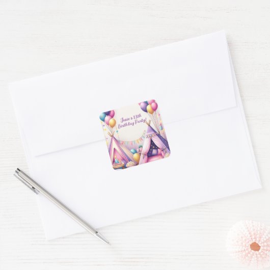 テエカラフルペ魅力的誕生日スリーポバーパーティー スクエアシール (封筒)