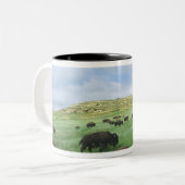 テオドールのバイソンの群れ草原の草 ツートーンマグカップ (正面左)