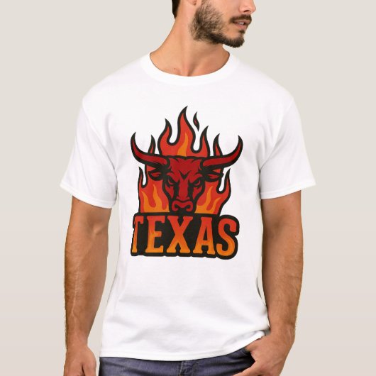 テキサスの炎の雄牛の頭 – 燃えるロングホーン ウエスタン Tシャツ (正面)