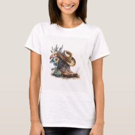 テキサスの花の帽子カウガールブーツ Tシャツ