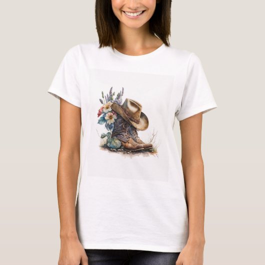 テキサスの花の帽子カウガールブーツ Tシャツ (正面)