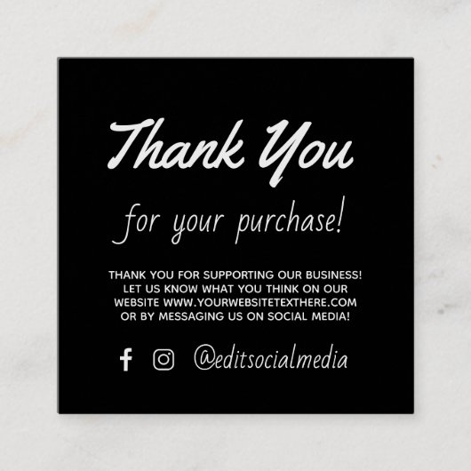 テキサス州お客様への感謝ブラックマーケティングカード スクエア名刺 (正面)