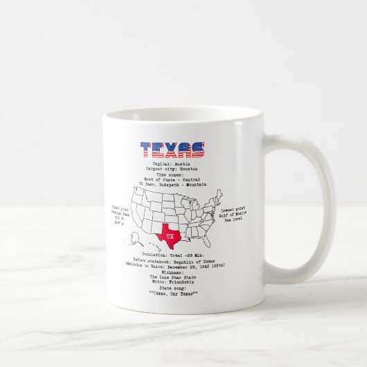 テキサス州の地図と役立つ情報です。 コーヒーマグカップ (右)