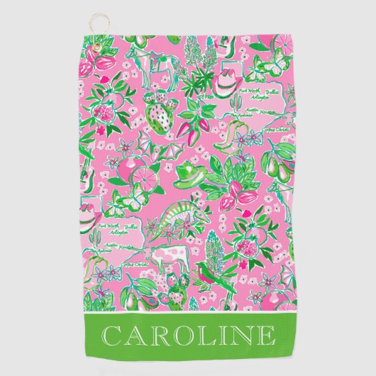 テキサス州の地図ピンクとグリーン名門私立校風のパターパーソナライズされたン ゴルフタオル (正面)