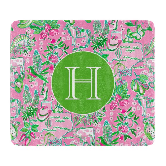 テキサス州の地図ピンクとグリーン名門私立校風のパターモノグラムのン カッティングボード (正面)