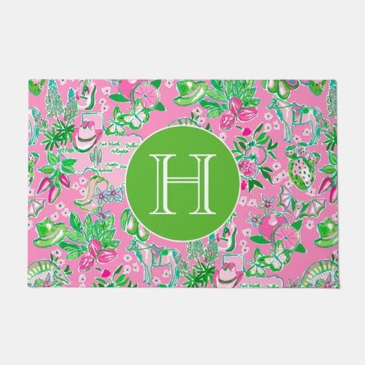 テキサス州の地図ピンクとグリーン名門私立校風のパターモノグラムのン ドアマット (正面)