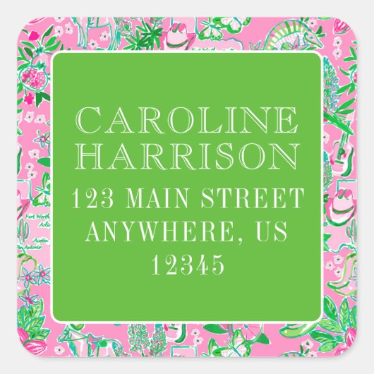 テキサス州の地図ピンクと緑のパタ名門私立校風のーン スクエアシール (正面)