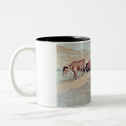 テキサス州の引きずる長角牛(キャンバスの油) ツートーンマグカップ (左)