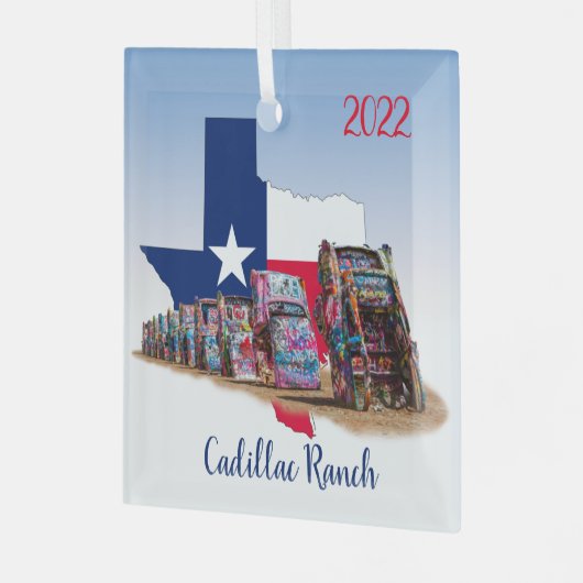 テキサス州の概要とキャディラック・ランチ ガラスオーナメント (正面左)
