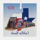 テキサス州の概要とキャディラック・ランチ ガラスオーナメント (裏面)