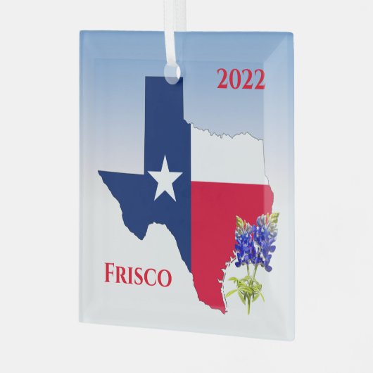 テキサス州の輪郭と旗の色 – フリスコオーナメント ガラスオーナメント (正面左)