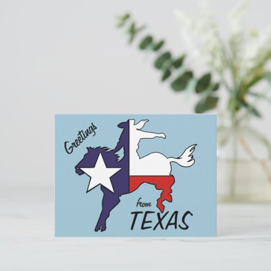 テキサス州の輪郭を描いた暴れ馬のカウボーイ旗 ポストカード (スタンド正面)