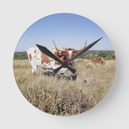 テキサス州の長角牛の品種(写真) ラウンド壁時計 (正面)