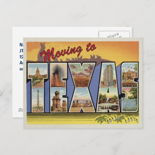 テキサス州へのヴィンテージ変更住所 案内ポストカード (正面/裏面)